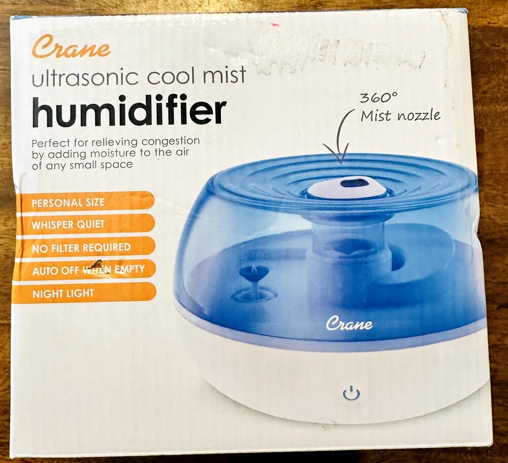Crane Humidifier Ultrasonic Cool Mist Quiet No Filter Nightlight 360 Degree Mist